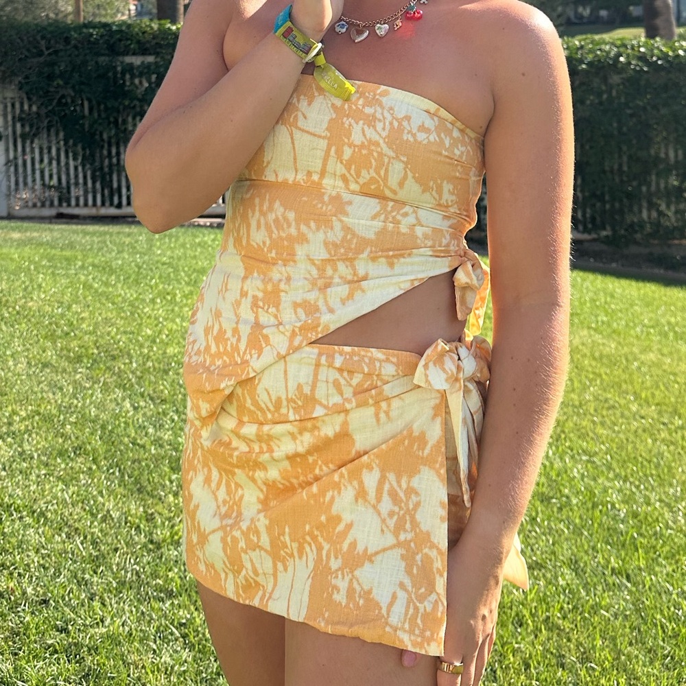 Princess Polly High Vibration Strapless Wrap Top and bottoms Orange
